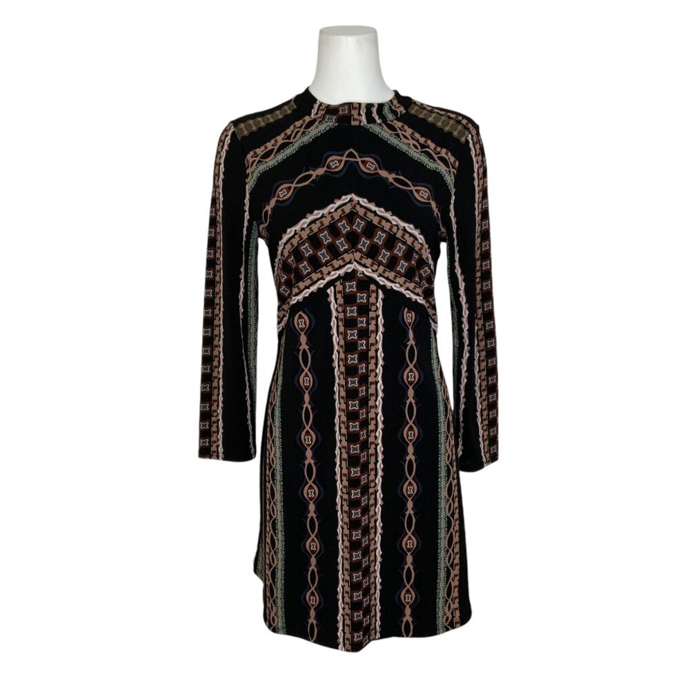 Free People Stella Graphic A-Line Dress M Black Multi Striped Mini Long Sleeve